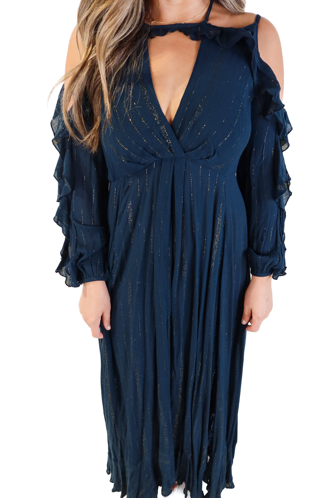 Free people navy/gold metallic maxi dress (xs)