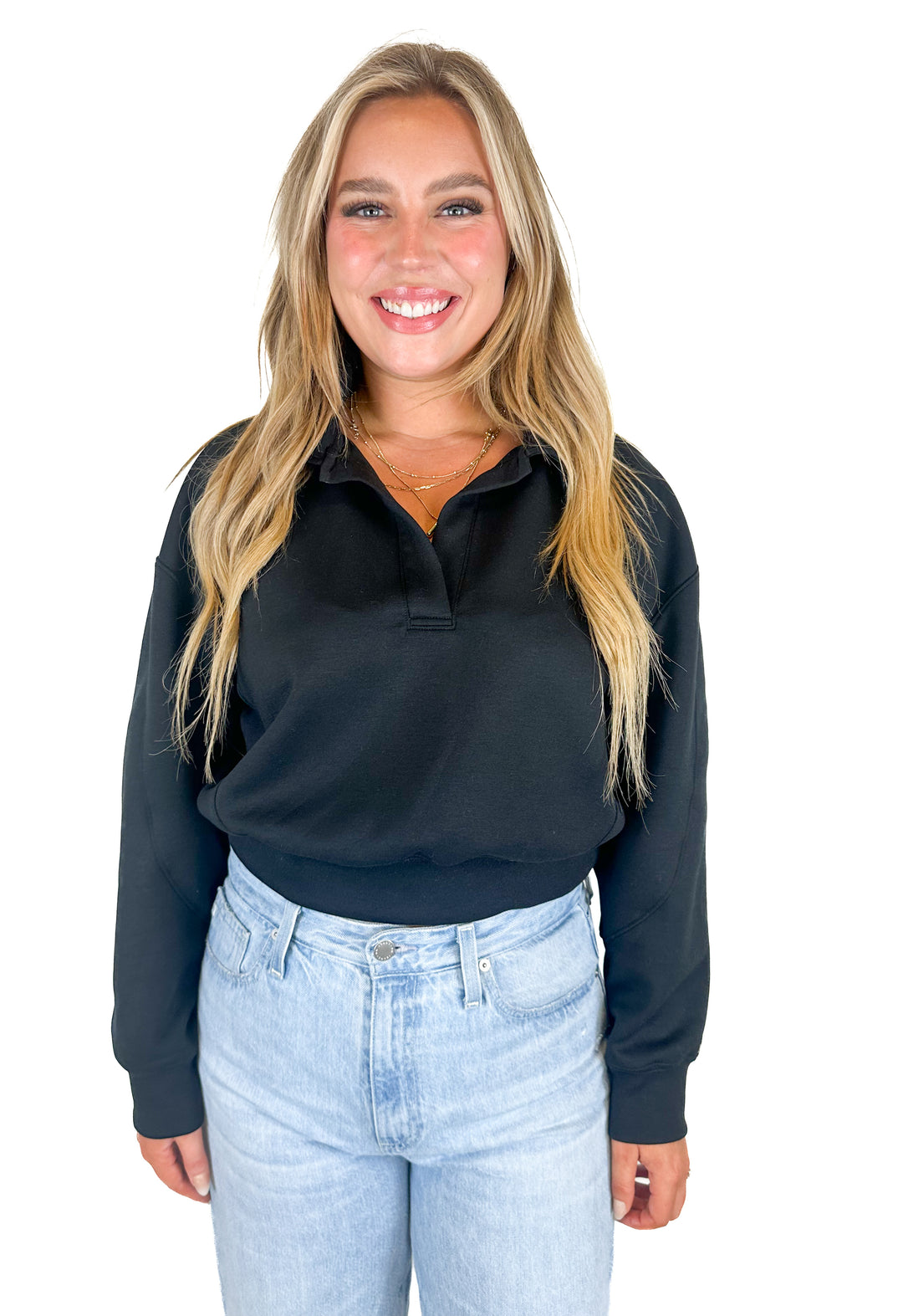YPB Black Collared V-Neck Sweatshirt NWT (M; retail $70)