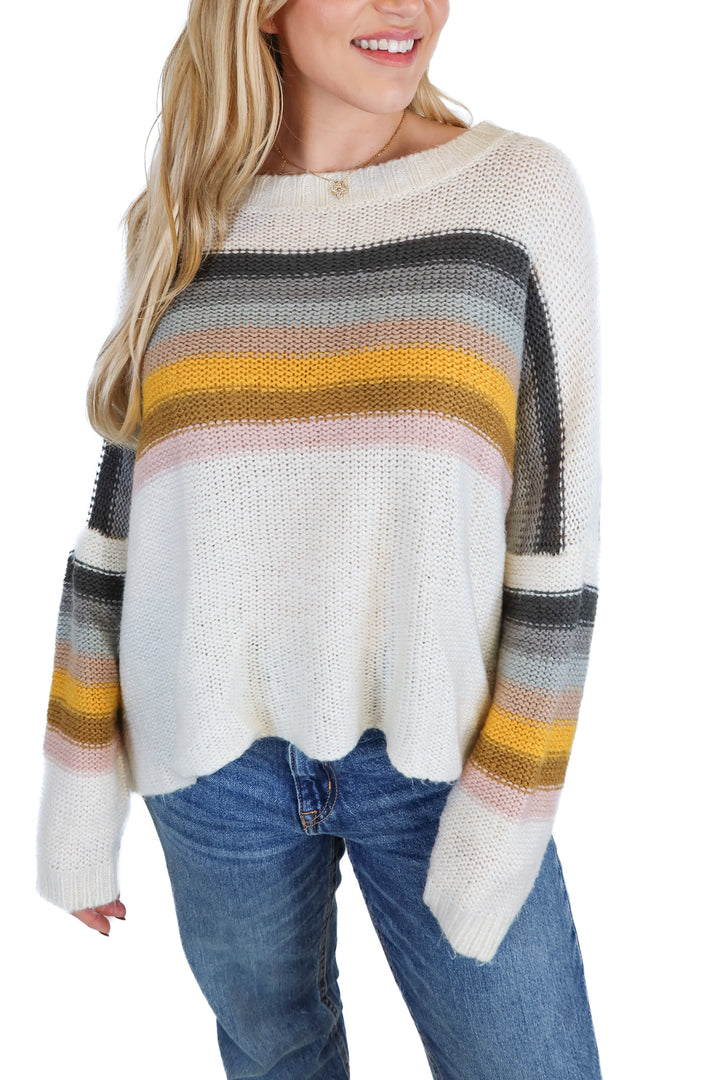 Wooden Ships white/multi colored striped knit sweater (S/M; retail $142)