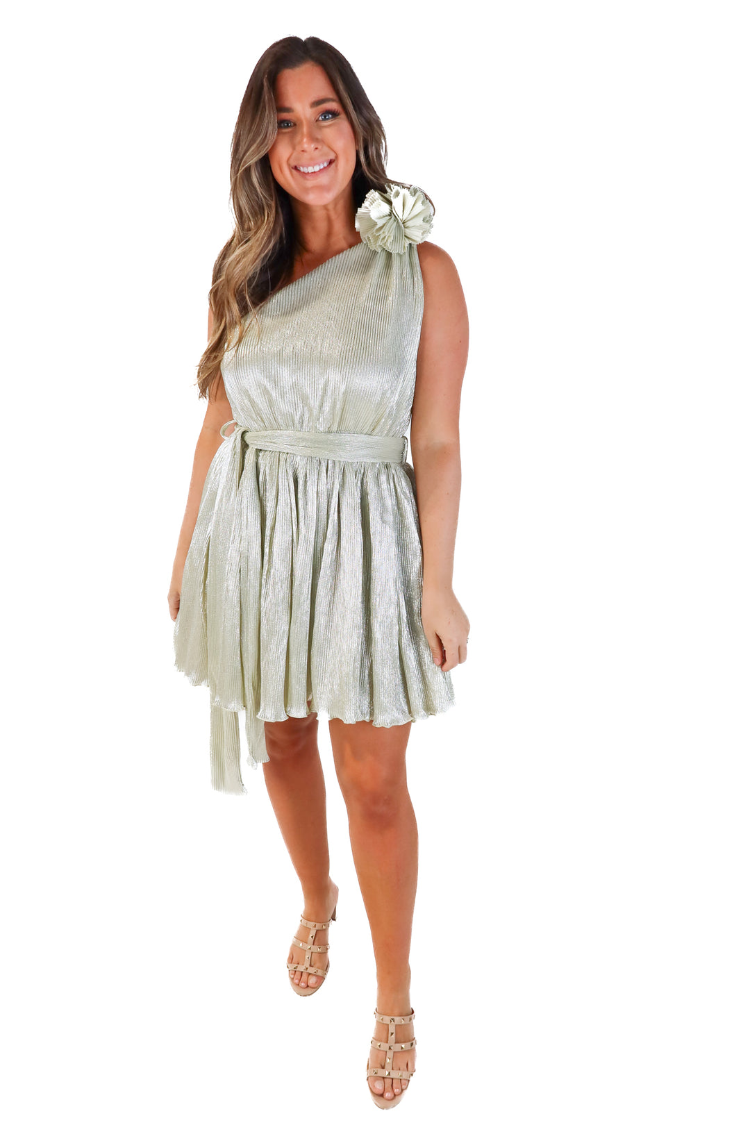 Mable silver metallic one shoulder dress (L; retail $130)