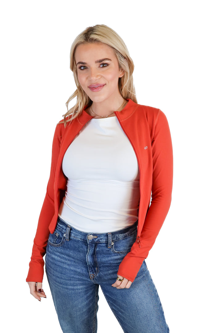 437 orange fitted zip up jacket (s; retail $75)