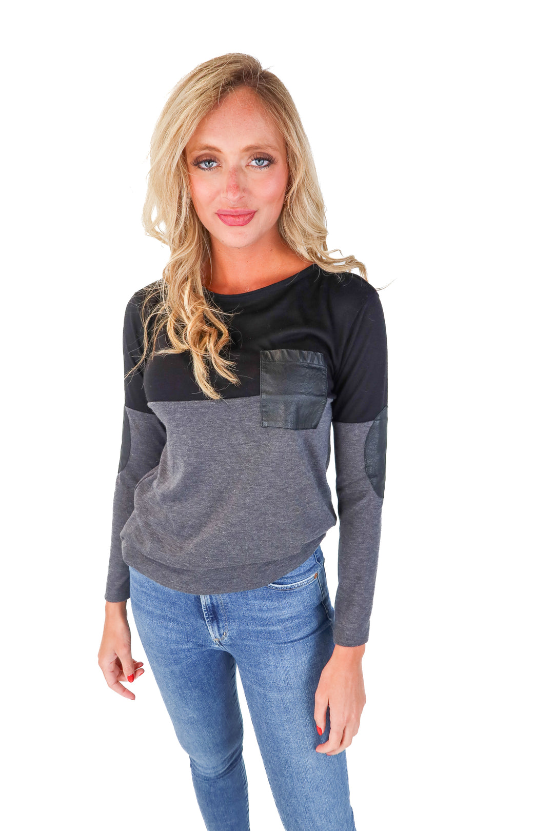 JET by John Eshaya Black/Grey Colorblock Leather Detail Top (S)