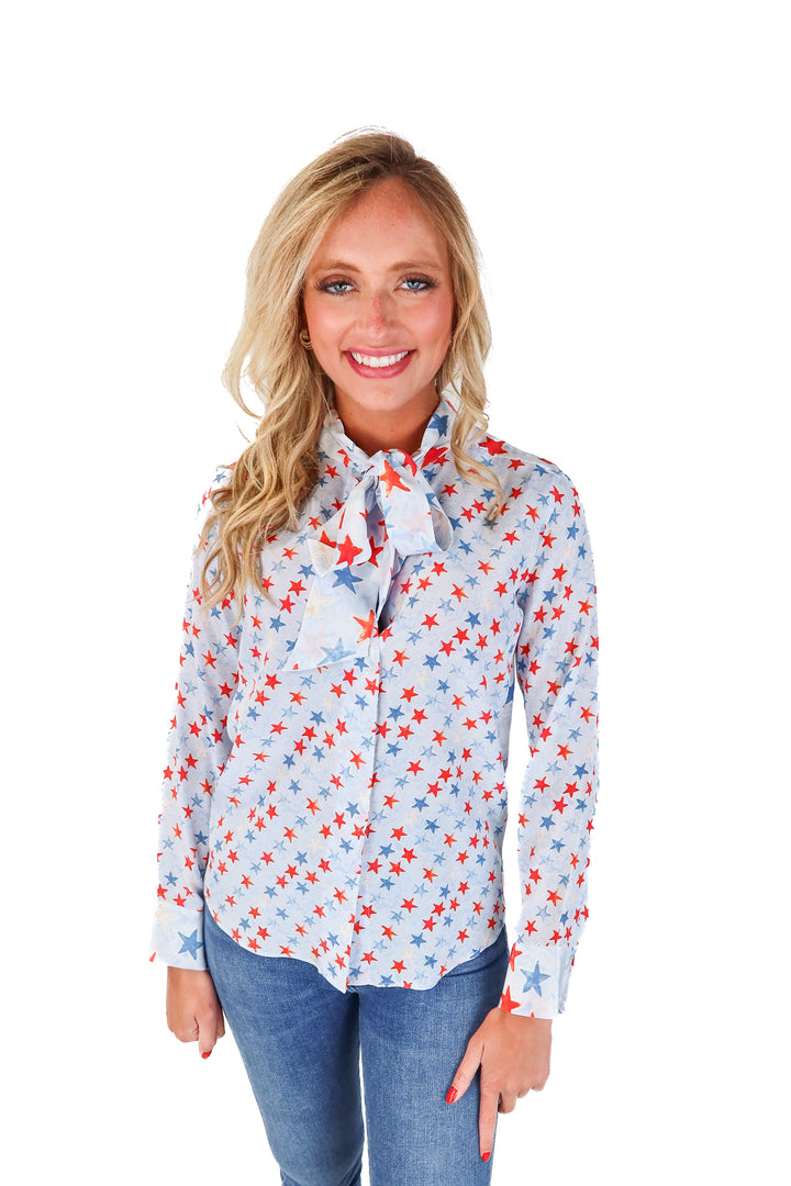 Sandro Blue Star Print Silk Neck Tie Blouse (1/S)