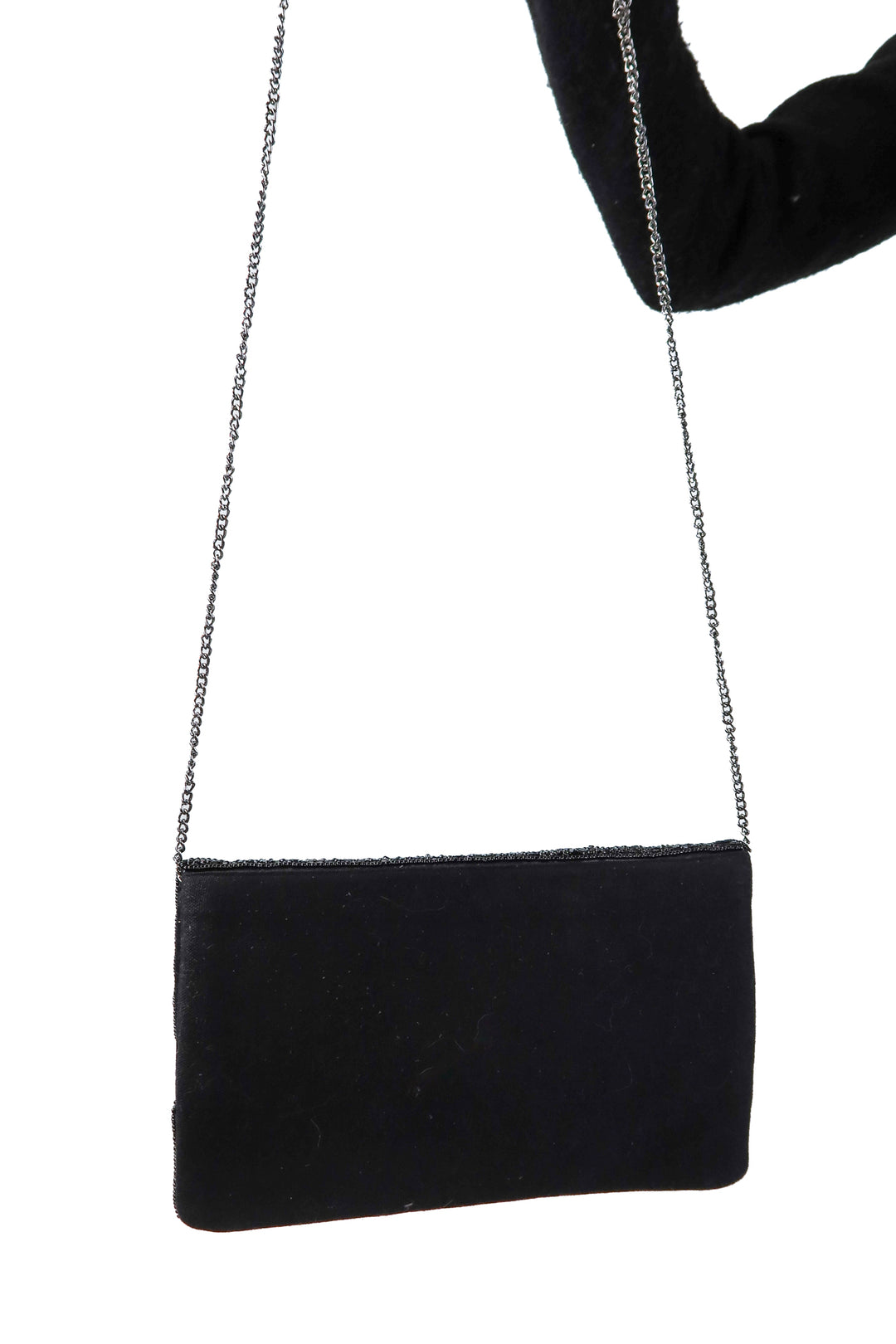 Black beaded clutch with red tongue graphic