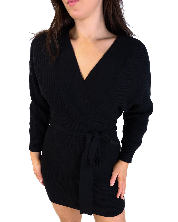 Pink lily black knit surplice dress (s; retail $78)