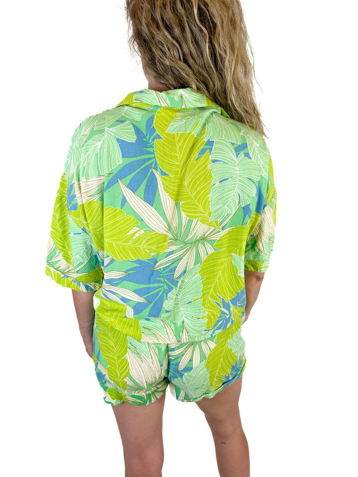 En Creme Leaf Print Linen Top and Shorts Set (L)