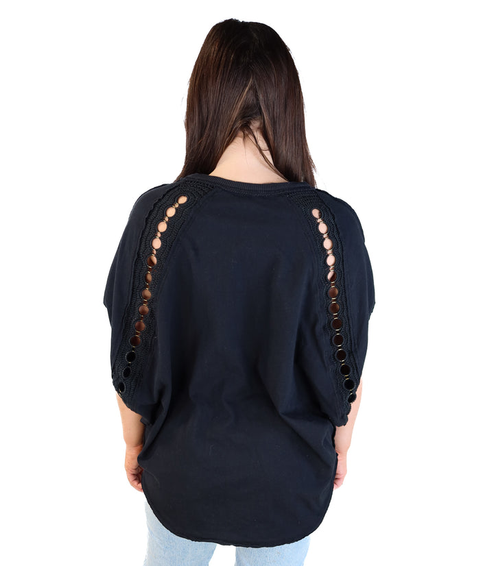 Free people black crotchet detail oversized tee (xs)