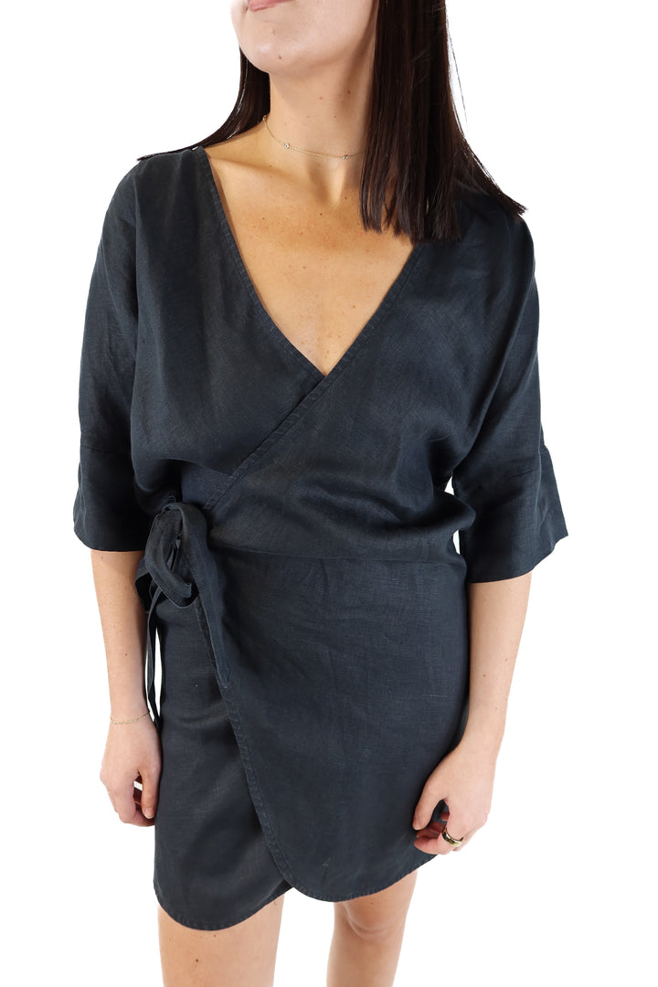 Lilya Black Linen Wrap Dress (M)