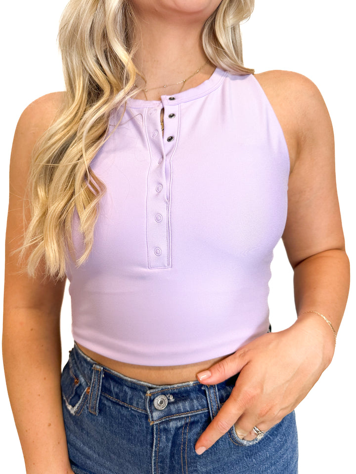 YPB sculptLUX Plunge Henley Slim Tank in Lavender (S)