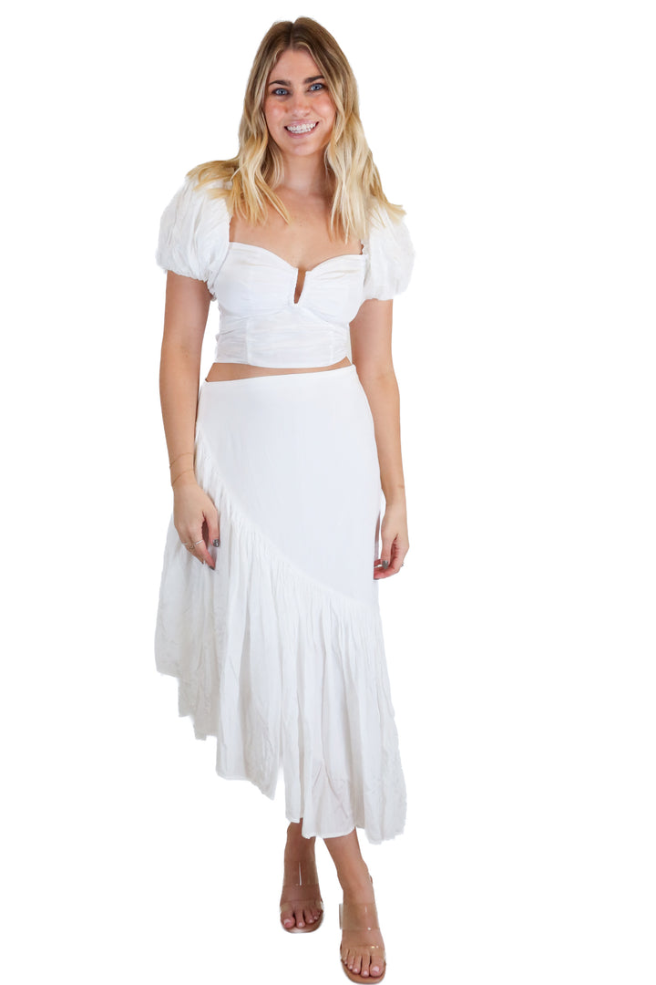Abercrombie White Satiny Puff Sleeve Cropped Top & Skirt Set NWT (S; retail $180)