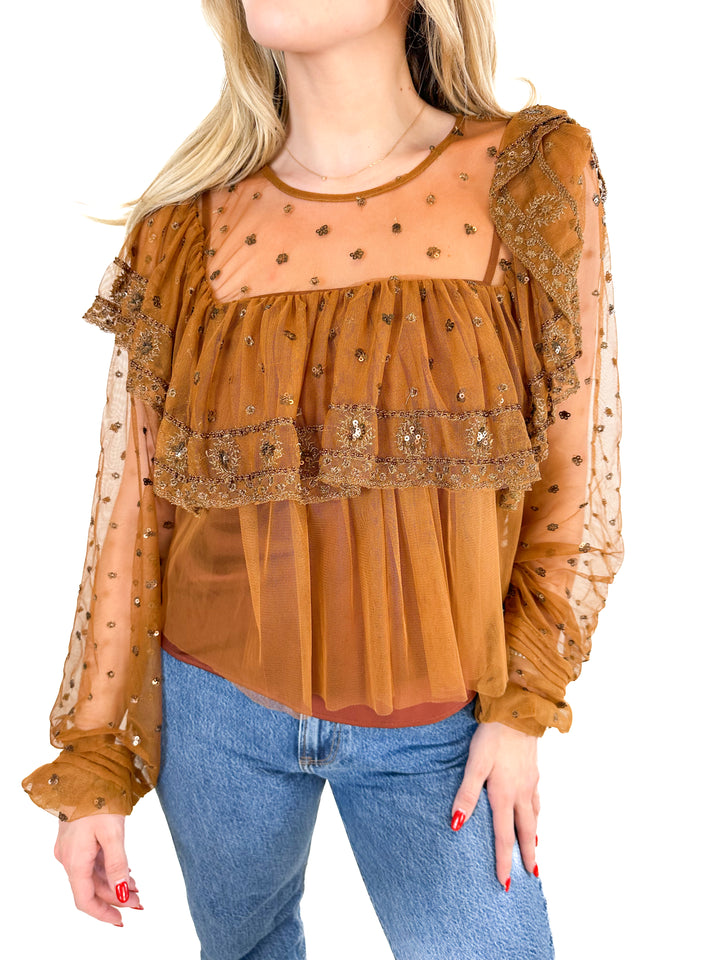Free People Disco Ball Mesh Bronze Top (S)