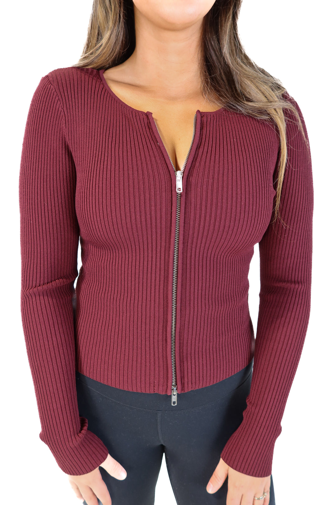 Good American maroon ribbed zip front top (M)