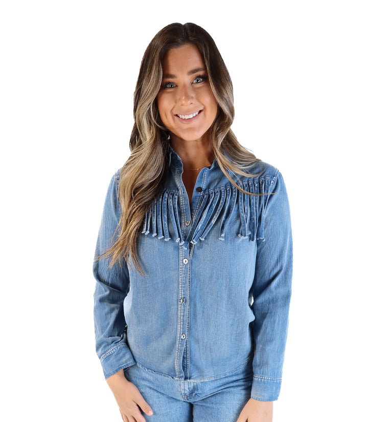 Molly green ‘denim’ fringe button up (s; retails for $80)