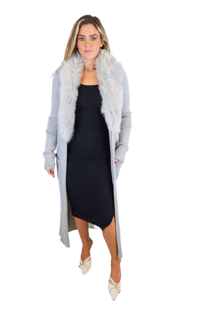 show me your mumu grey metallic fur long cardigan (s; retail $198)