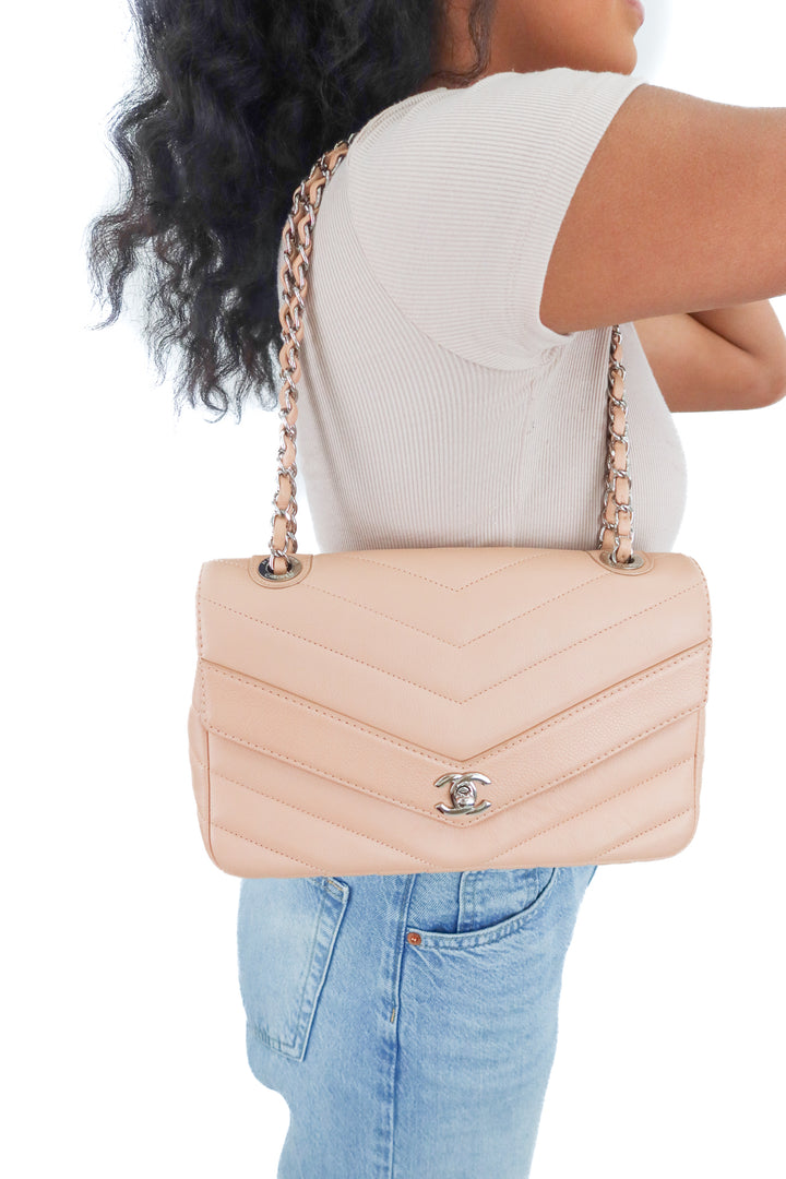 Chanel Chevron Nude Caviar Leather Single Flap (est. retail $10,400)