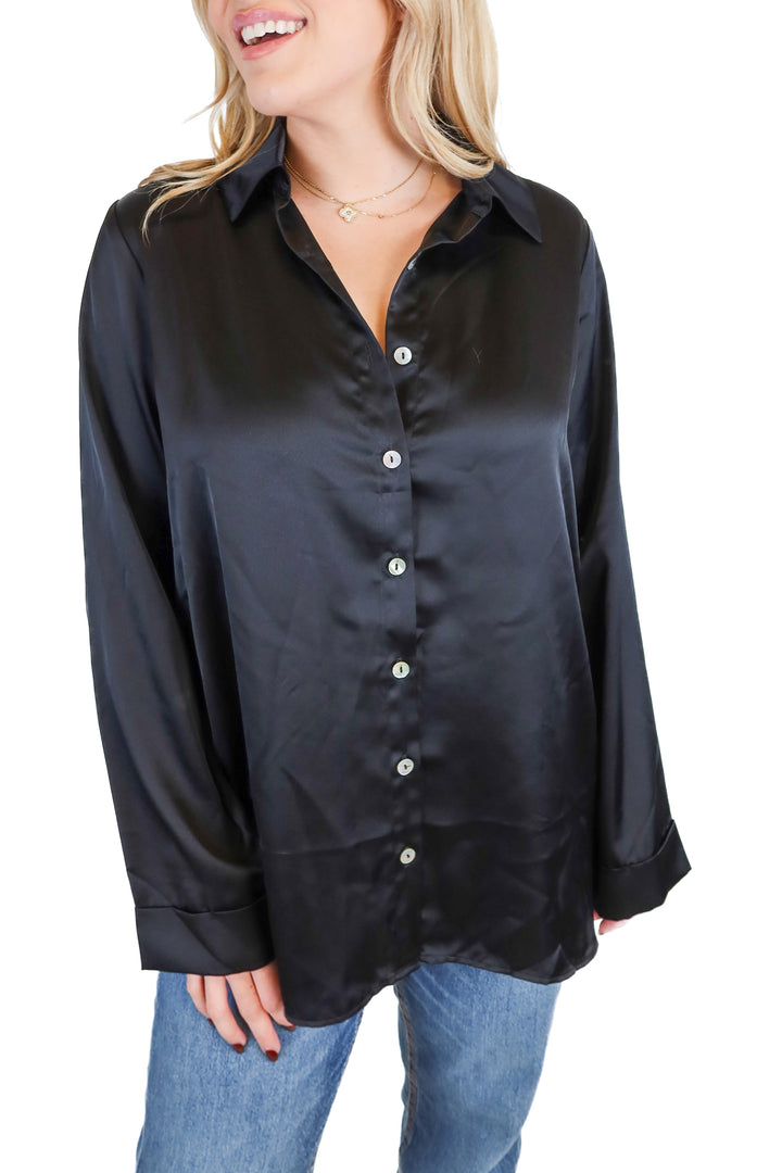 Show Me Your Mumu black satin button down NWT (S)
