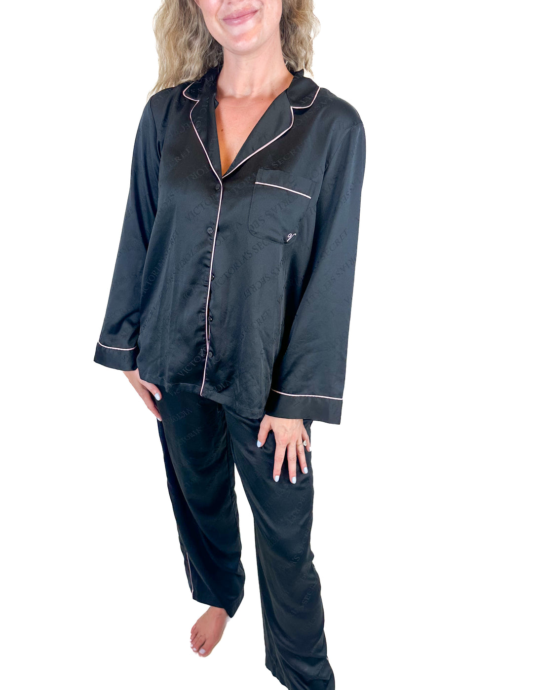 Victoria's Secret Black and Pink Pajama Set (M)
