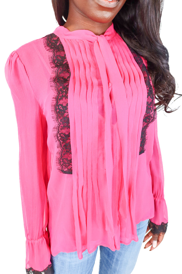 The Kooples Fuchsia Pleat Front Lace Trim Blouse (S)