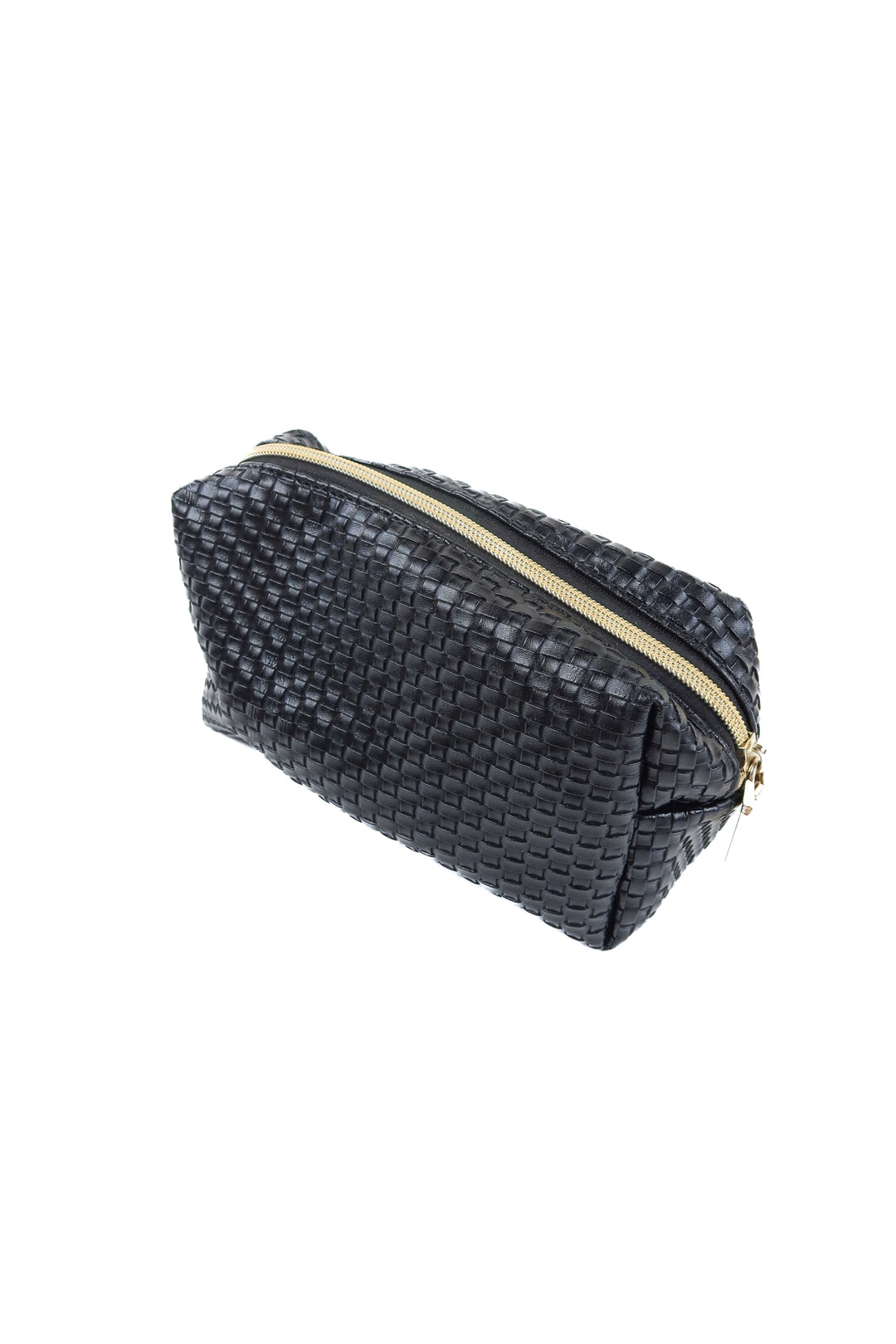 Black faux woven leather train case & pouch set