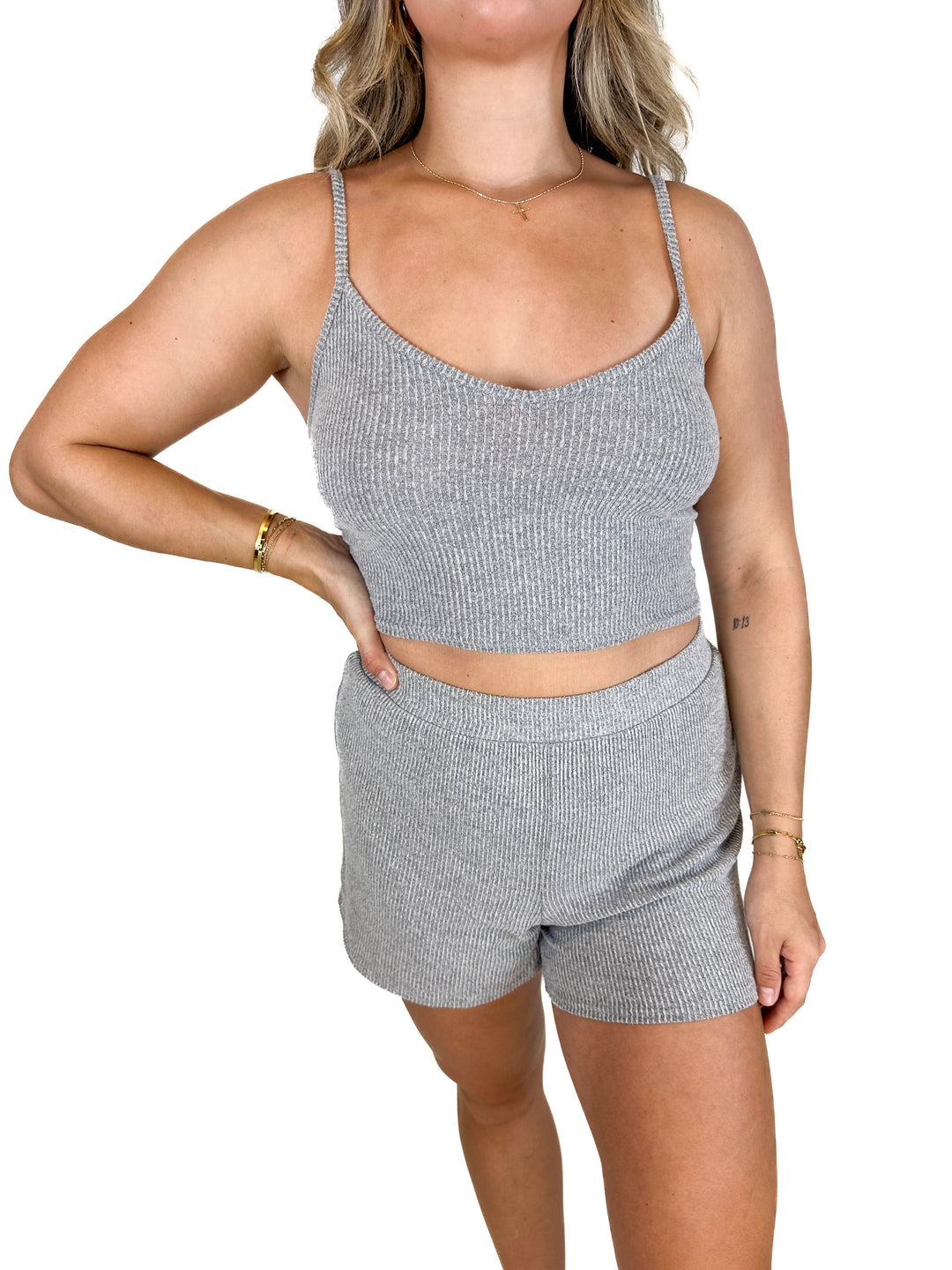 Open Edit Grey Tank, Cardigan and Shorts Pajama Set (S)