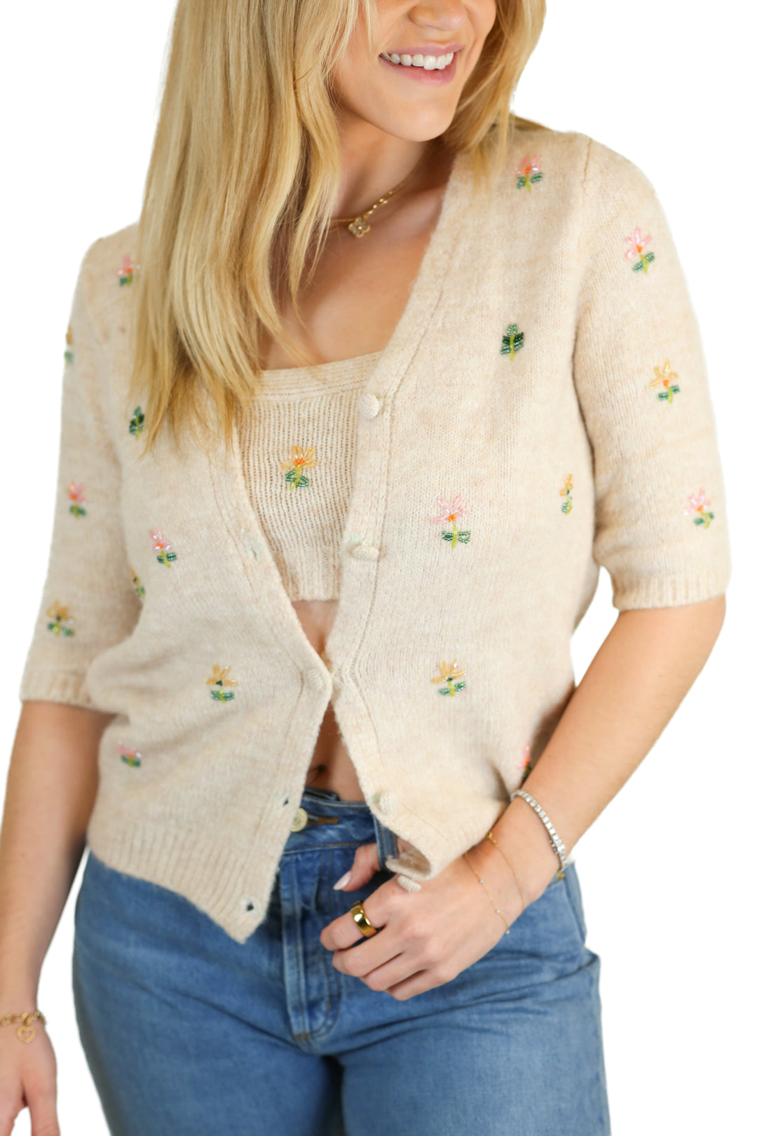 Goodnight Macaroon Beige Beaded Cropped Cami & Sweater Set (S)