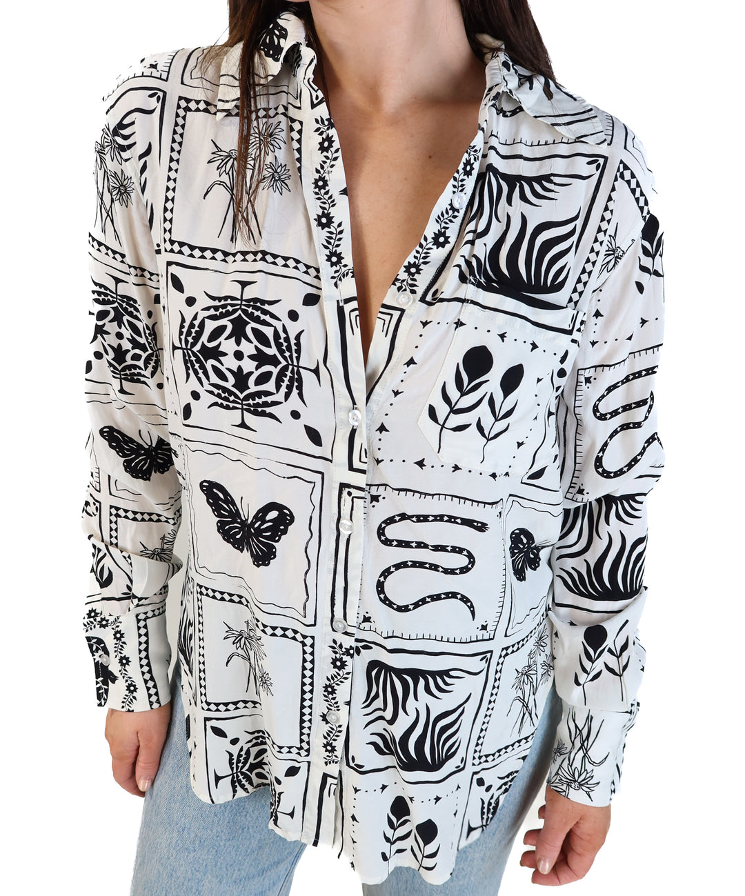 L’Academie white/black printed button up (xs; retail $148)
