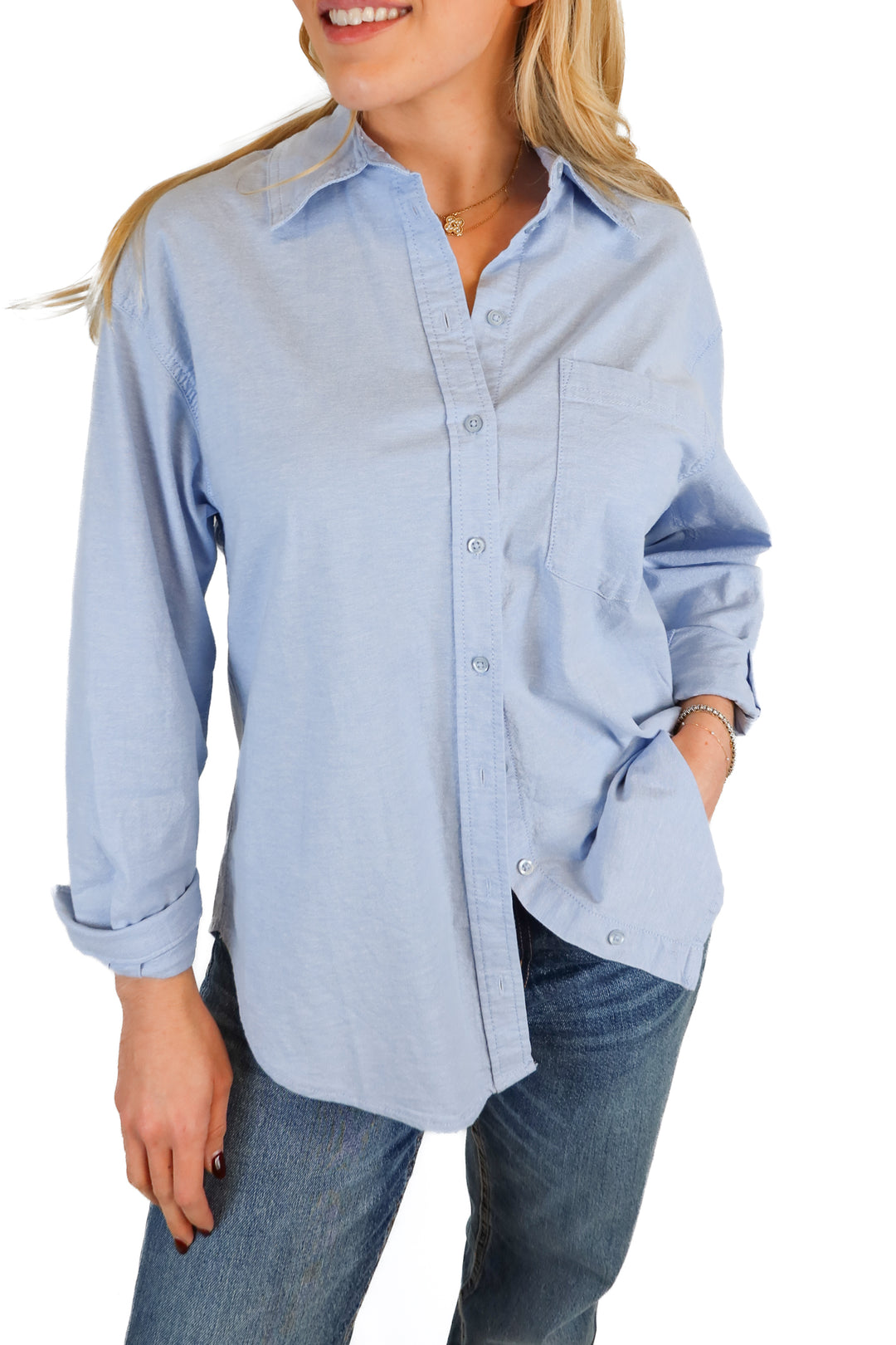 dynamite blue button up (s)