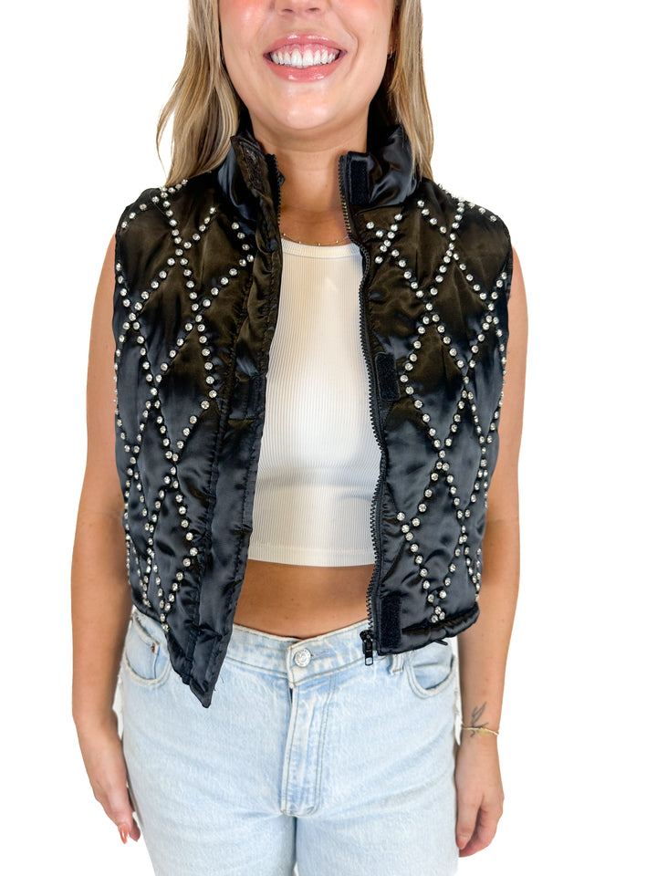 Blue B Collection Glamour Satin Rhinestone Puffer Vest (L)
