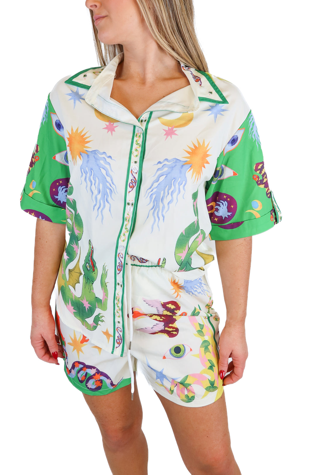 green/cream satin printed set (S)