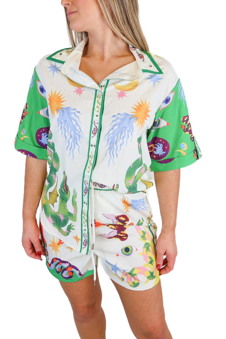 green/cream satin printed set (S)