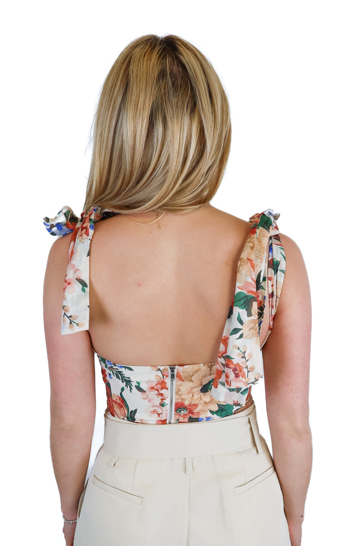 Sofia Peachy Floral Shoulder Tie Crop Corset Top (Aus 8; retail $190)*