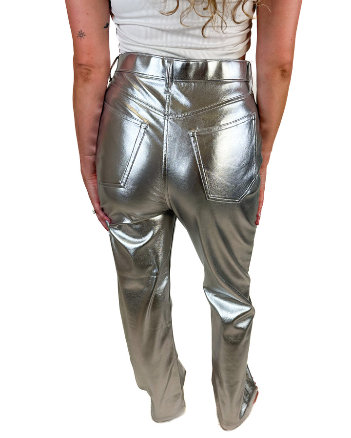 Abercrombie The '90s Straight Ultra High Rise Vegan Leather Silver Pants (30)