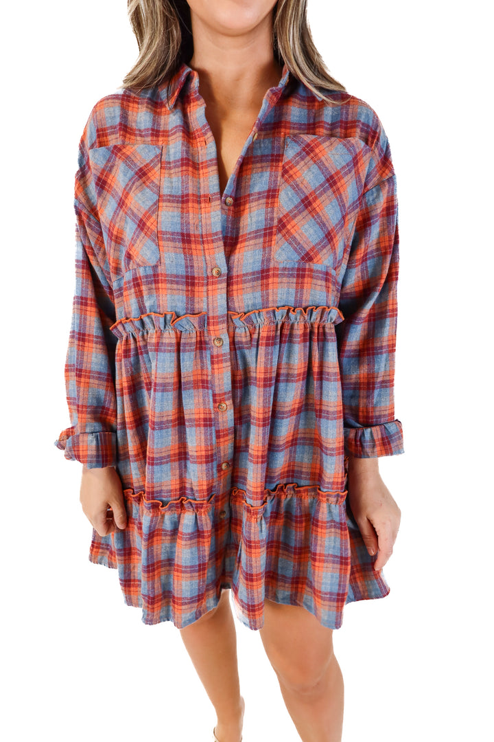 Aura flannel button up ruffle dress (L; retail $99)