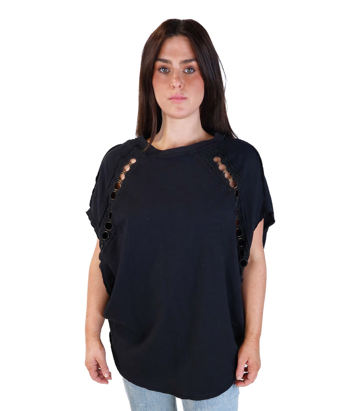 Free people black crotchet detail oversized tee (xs)