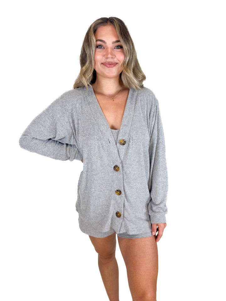 Open Edit Grey Tank, Cardigan and Shorts Pajama Set (S)