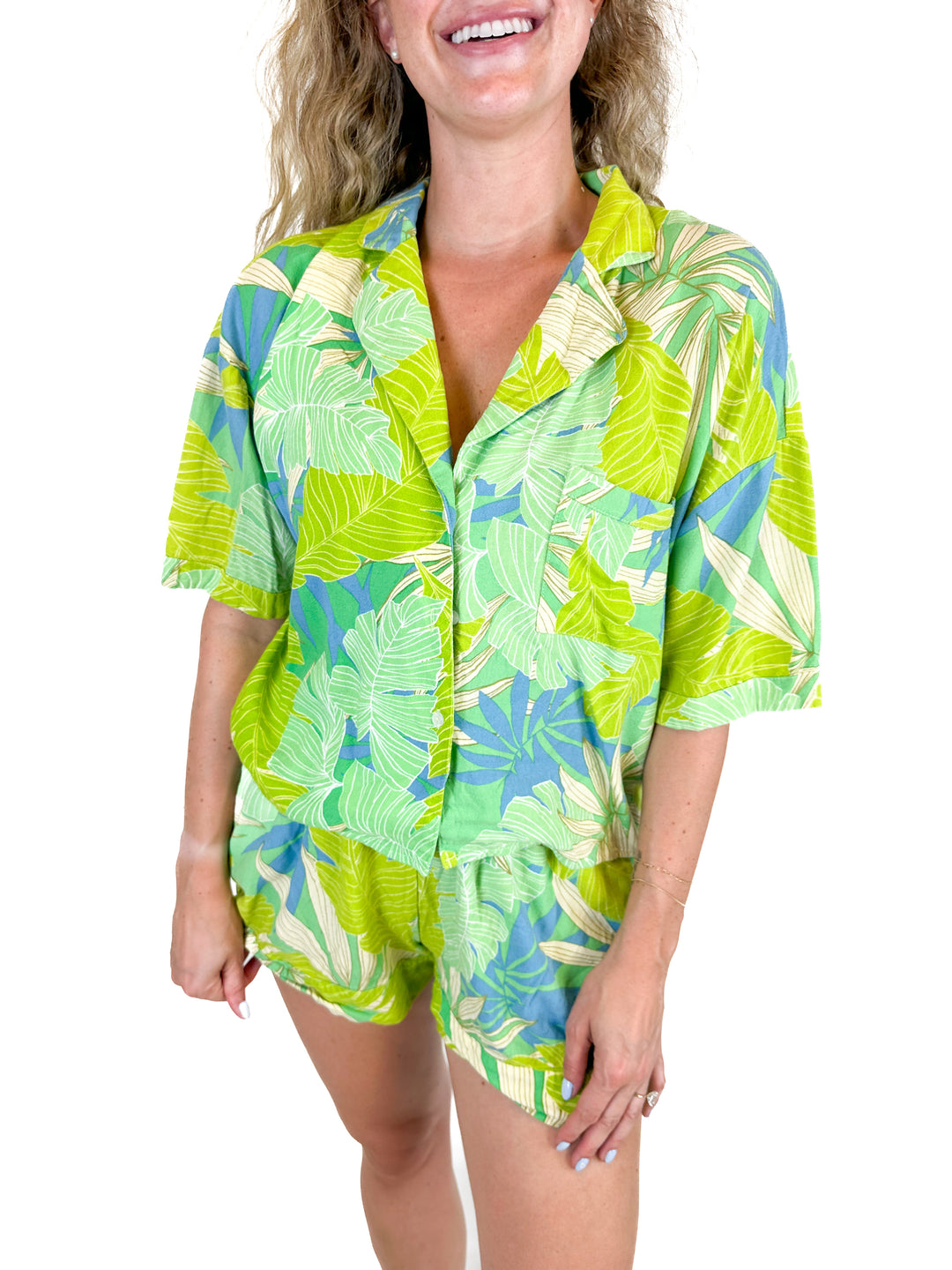 En Creme Leaf Print Linen Top and Shorts Set (L)