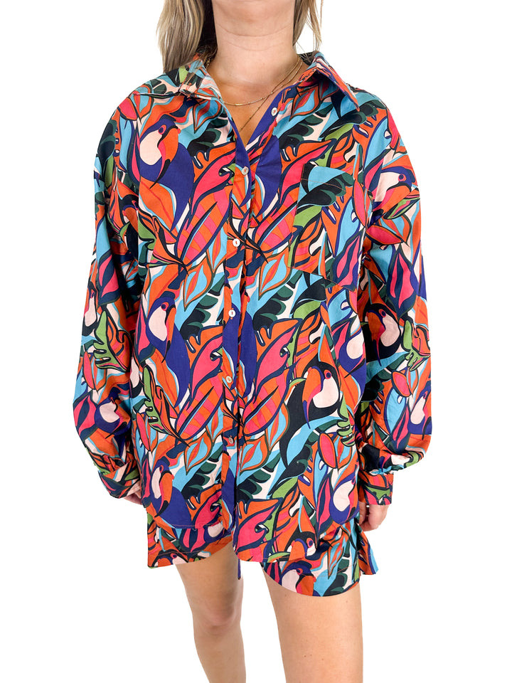Palms Away Leaf Print Shirt and Shorts Set (L)
