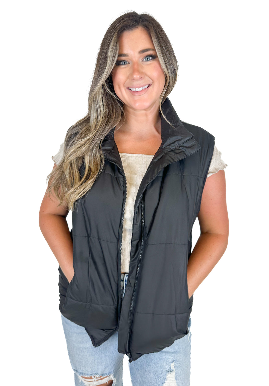 Pink Lily Black Oversized Puffer Vest (M)