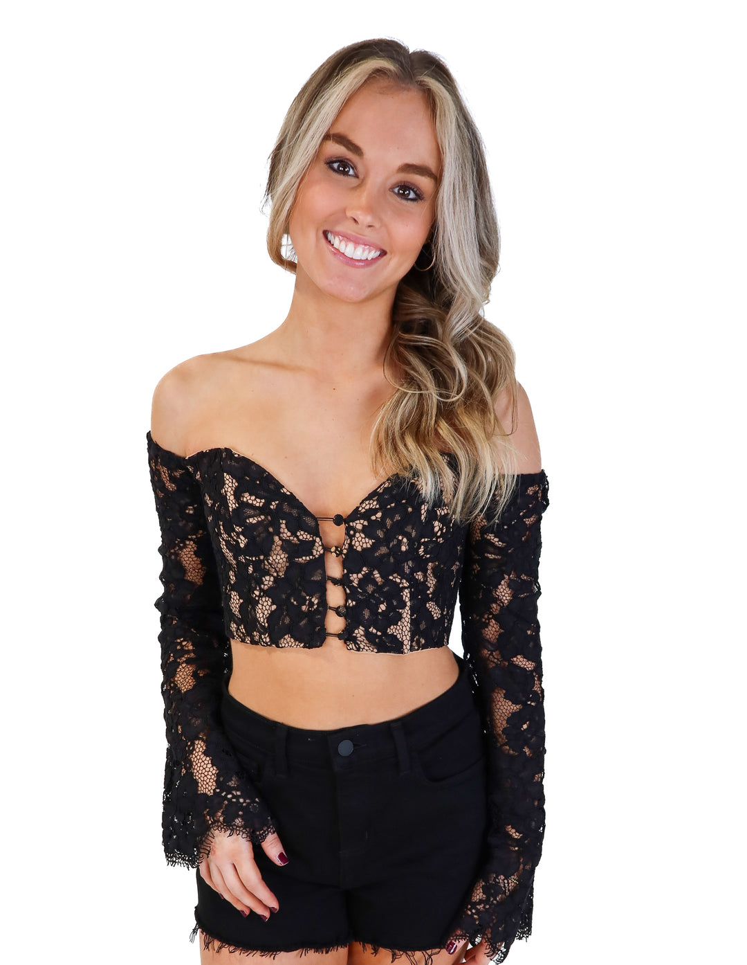Majorelle black lace off the shoulder top (xs; retail $138)