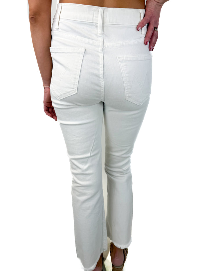 mother white raw hem jeans (28; retail $228)