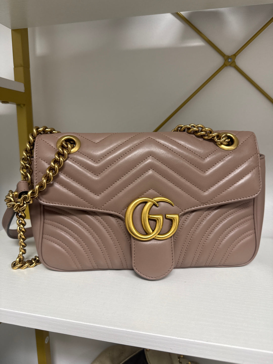 Gucci Marmont GG Crossbody in Rose Beige Leather (retail $2,850)