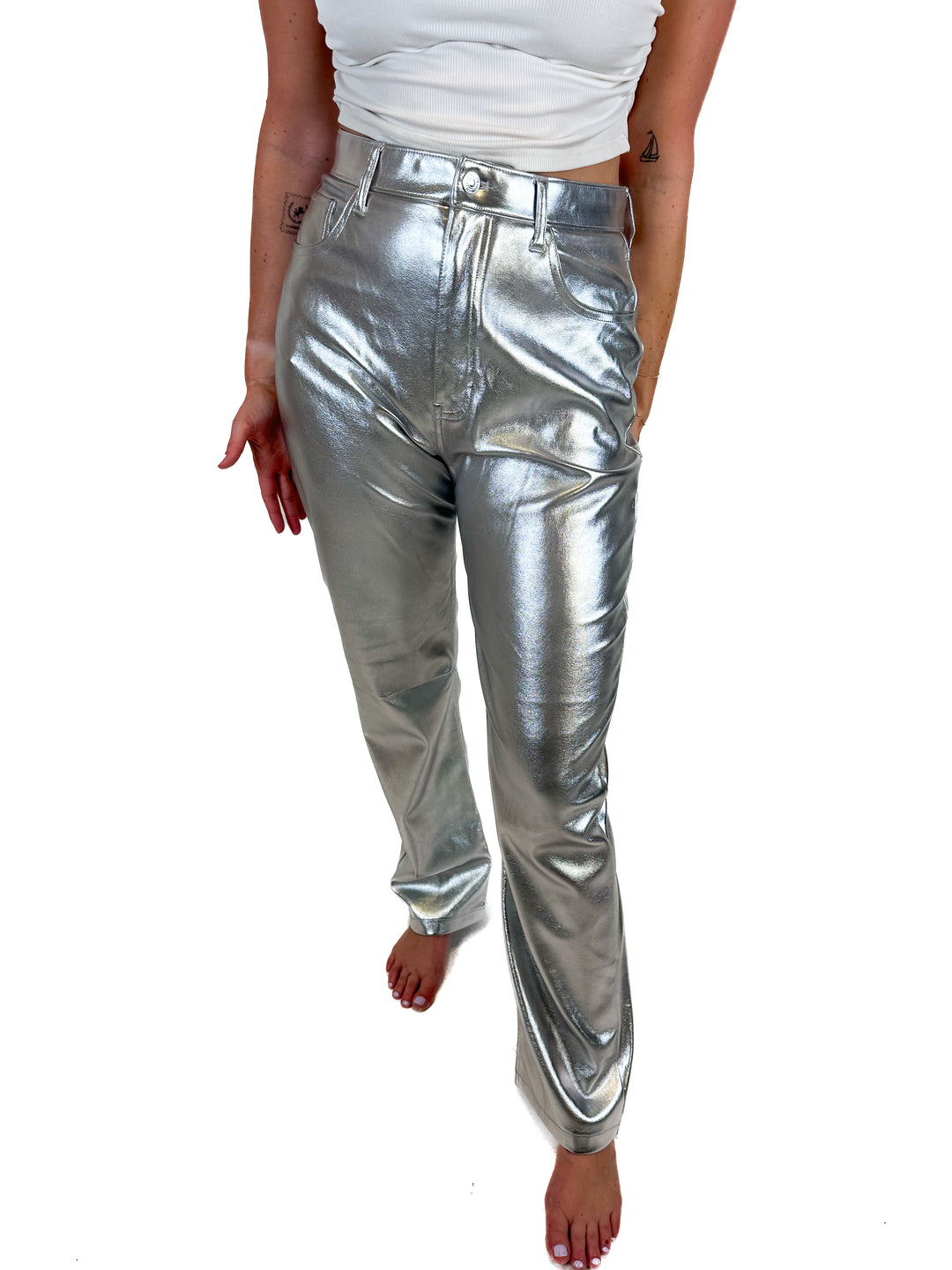 Abercrombie The '90s Straight Ultra High Rise Vegan Leather Silver Pants (30)