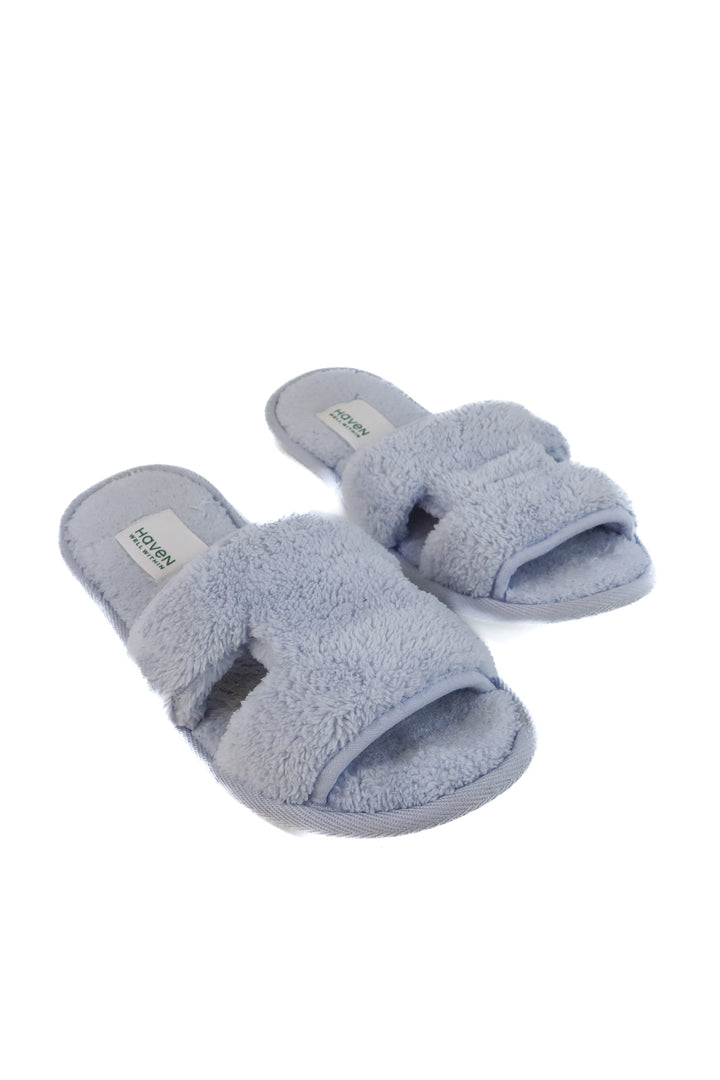 Haven blue “H” slippers (retails for $44)