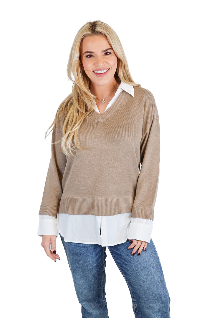 Vici Taupe and White Collared sweater (S; retail $76)