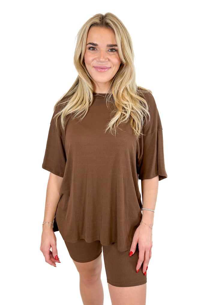 Talulah Brown Ribbed Oversized Tee and Bike Shorts Set (S)