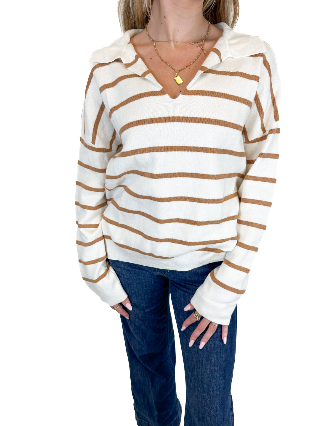 Fashion Polo Style White/Brown Striped Long Sleeve Sweater (L)