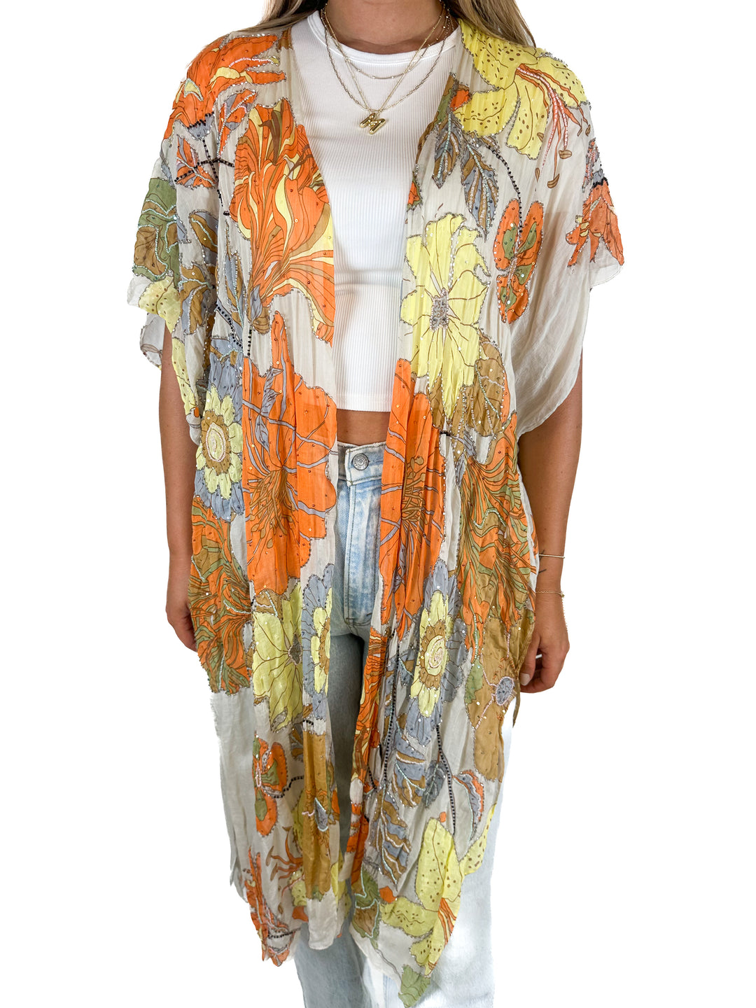 Arrata Floral Beaded Kimono (O/S)