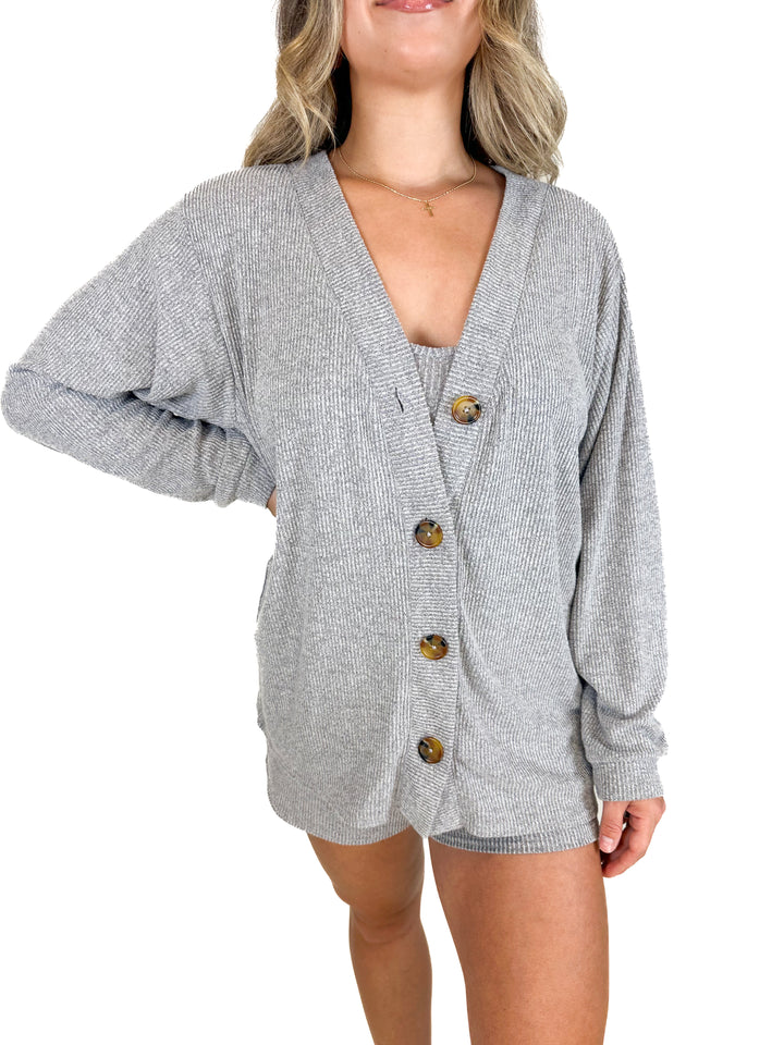 Open Edit Grey Tank, Cardigan and Shorts Pajama Set (S)