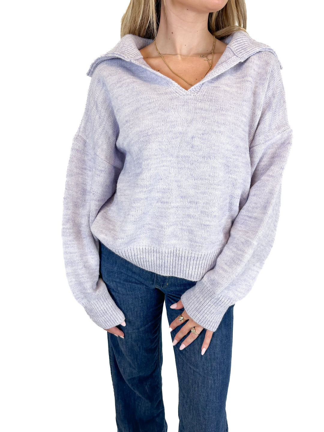 Topshop Lavender Marled V-Neck Collared Sweater (S)
