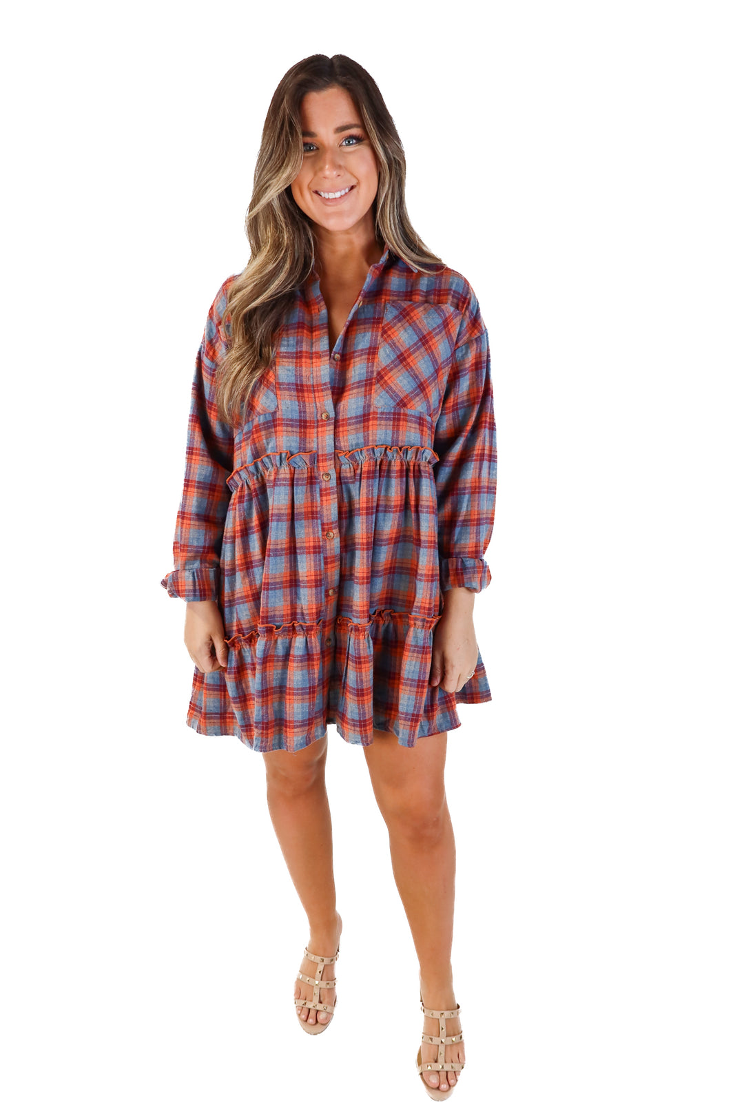 Aura flannel button up ruffle dress (L; retail $99)